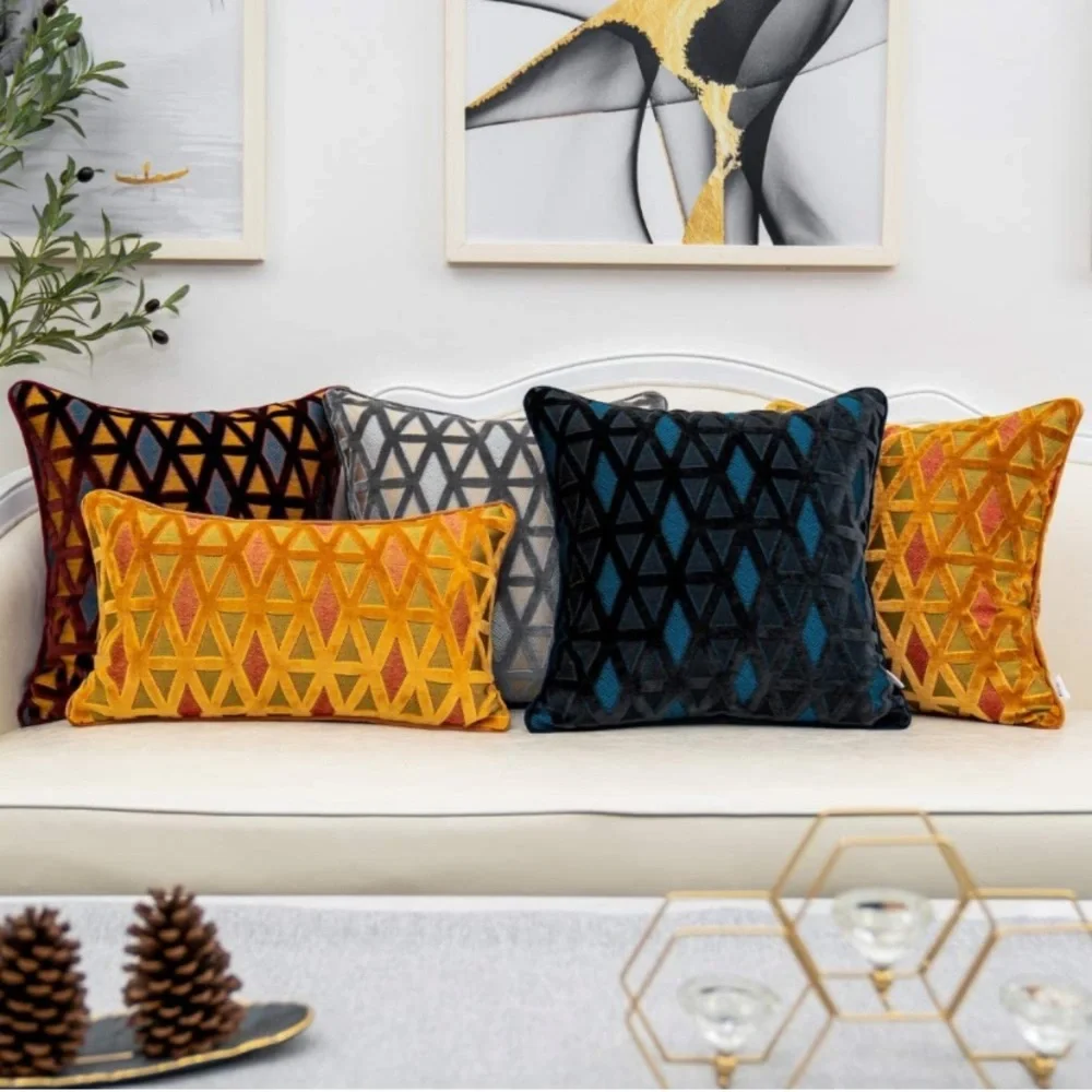 Luxury Home | Golden Orange Diamond Cut Velvet Jaquard Lumbar Throw Pillow Cover
